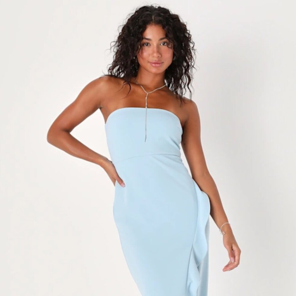 Lulus After Hours Light Blue Strapless Ruffled Maxi Dress | NWOT | L